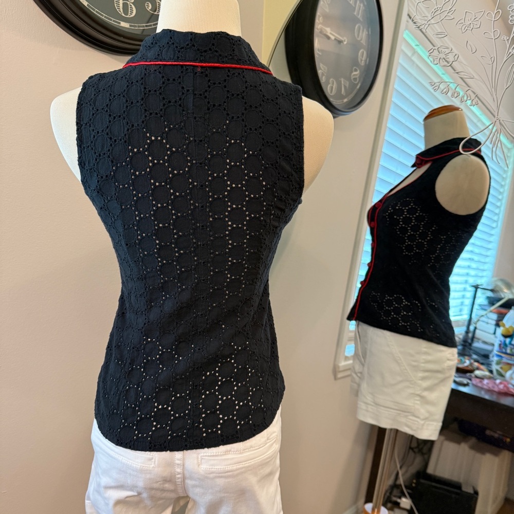 Black Sleeveless Top with Red Accents Peter Pan Collar XS Sexy - Picture 4 of 6
